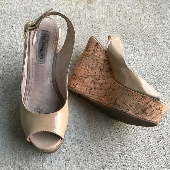 Steve Madden Shoes - Steve Madden Wissper Nude Cork Peeptoe Wedges